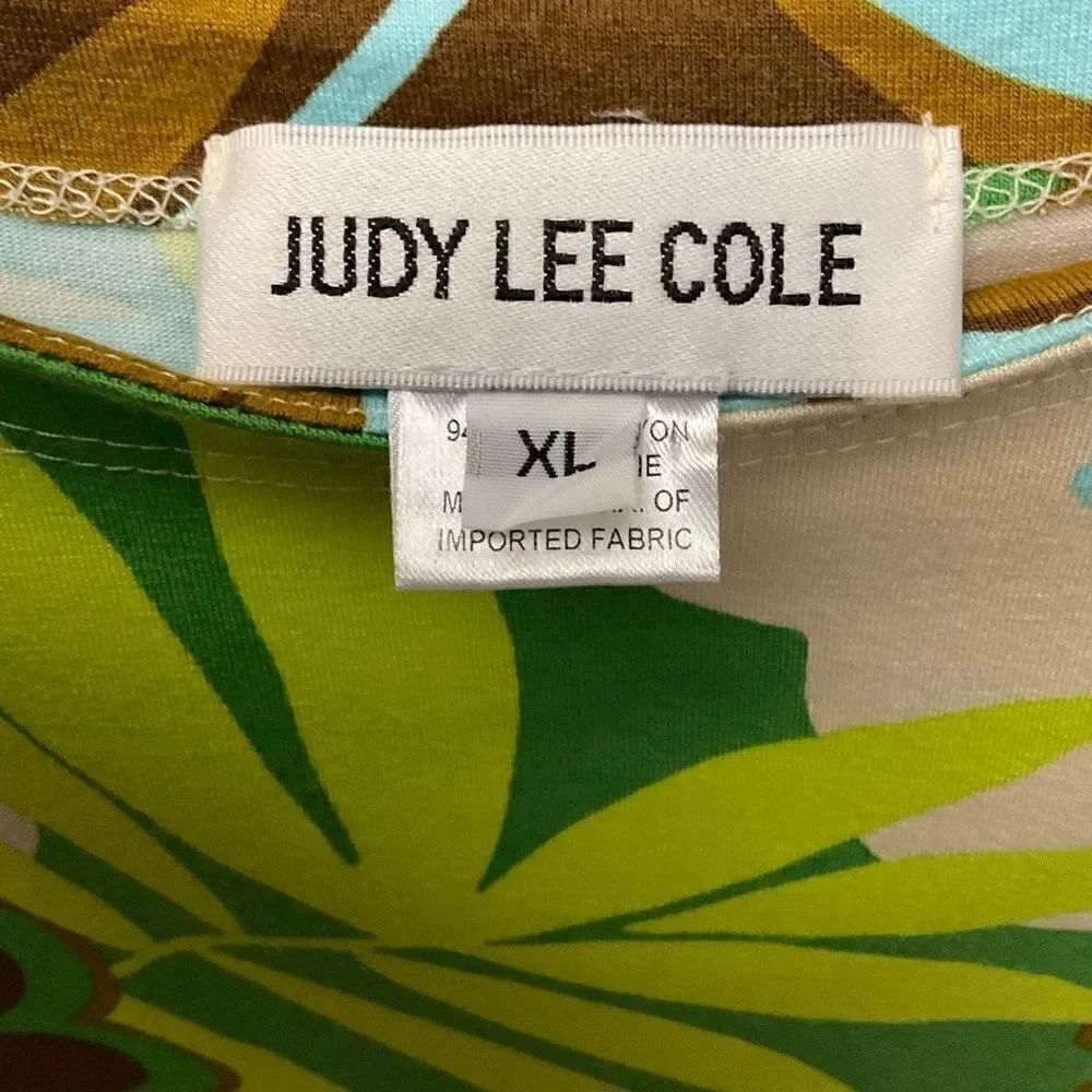 Judy Lee Cole Top Scoop Neck Tropical Aqua Green Yellow White Floral Print XL - Picture 3 of 9